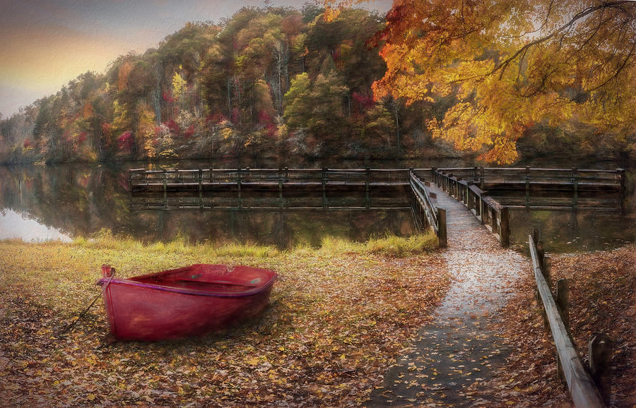 Rowboat in the Fallen Autumn Leaves Painting Photograph by Debra and Dave Vanderlaan