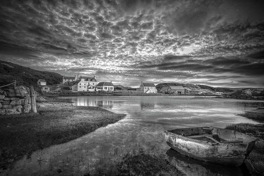 Rowboat in the Marshland at Sunset in Black and White Photograph by Debra and Dave Vanderlaan