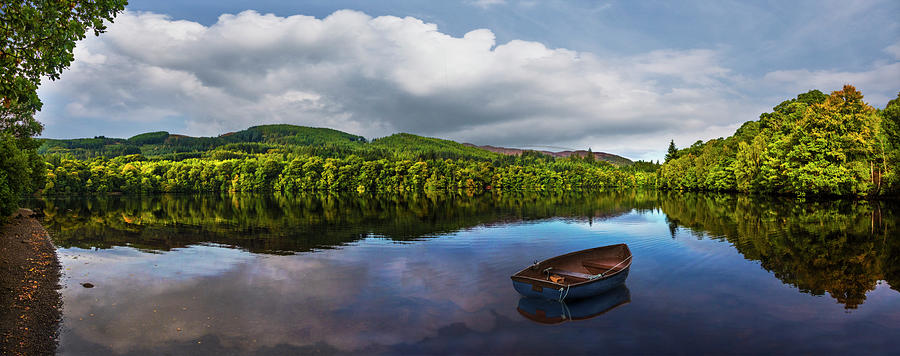 Boat Photograph - Rowboat in the Panorama of the Lake at Pitlochry by Debra and Dave Vanderlaan