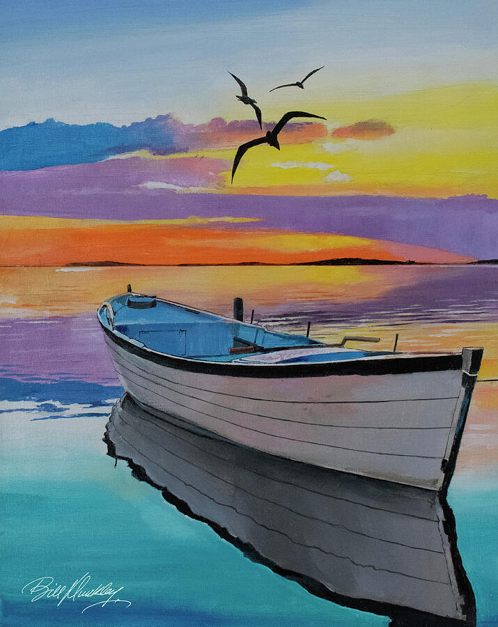 Sunset Painting - Rowboat in Tranquil Water by Bill Dunkley