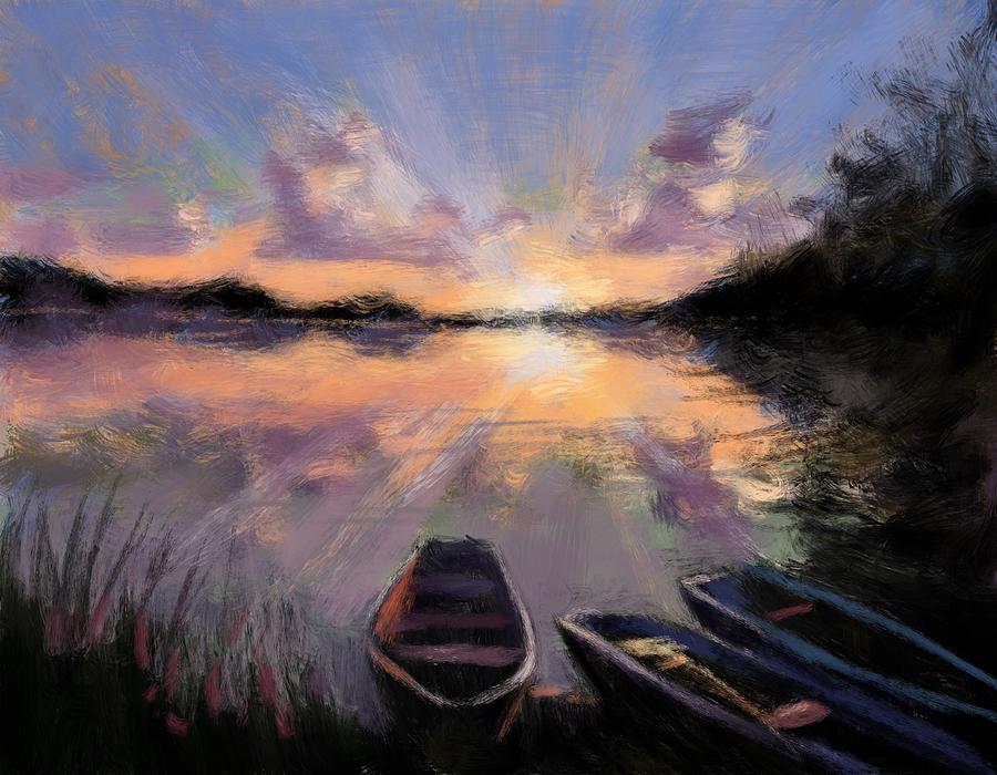 Rowboat Sunset Painting by Larry Whitler