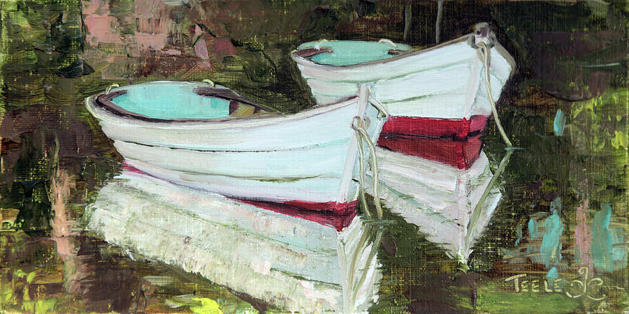 Rowboats and Minimal Blue Painting by Trina Teele