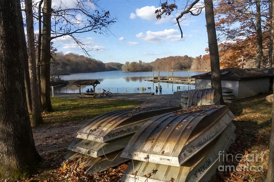 Rowboats are in storage in autumn at Lake Needwood in Rockville, Maryland USA Photograph by William Kuta