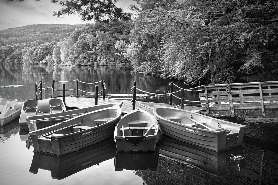 Rowboats in the Lake in Black and White Photograph by Debra and Dave Vanderlaan