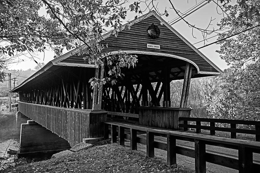 Rowell Covered Bridge in Fall Foliage Contoocook River Hopkinton NH Black and White Photograph by Toby McGuire