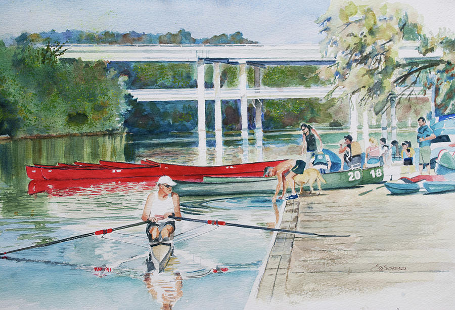 Rower on Lady Bird Lake Painting by E M Sutherland