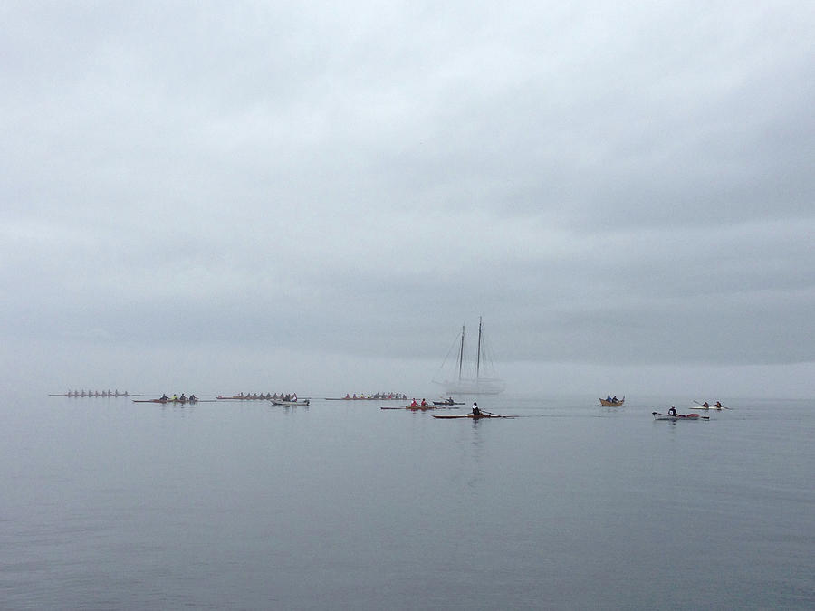 Rowers and Schooner in the fog Photograph by Life Makes Art