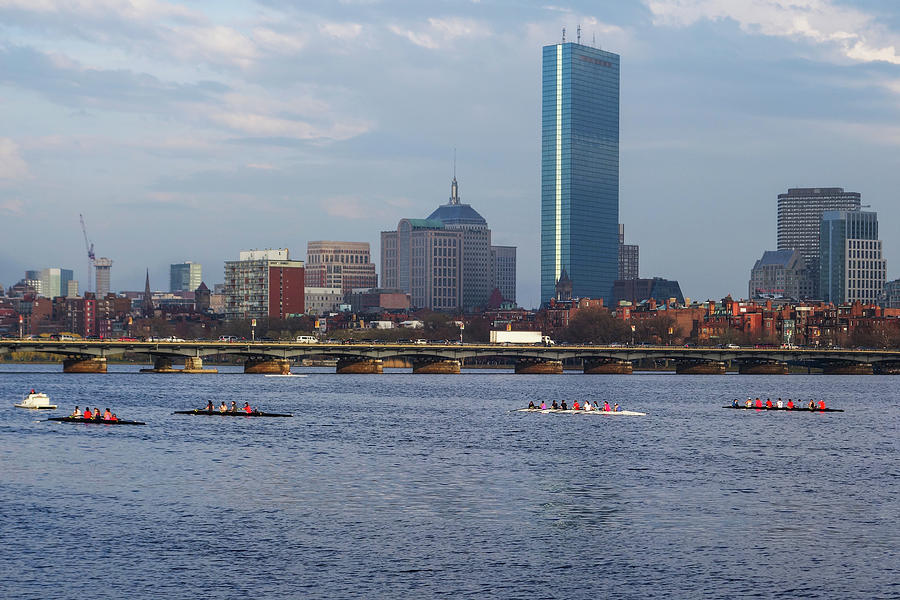 Rowers on the Charles River Mass Ave Bridge and Hancock Tower Photograph by Toby McGuire