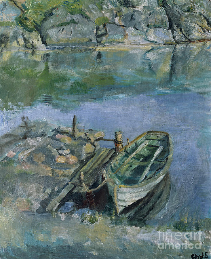 Rowing boat with quay Painting by O Vaering by Christian Krohg
