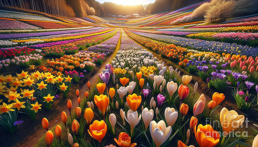 Rows of colorful tulips and other flowers Digital Art by Odon Czintos