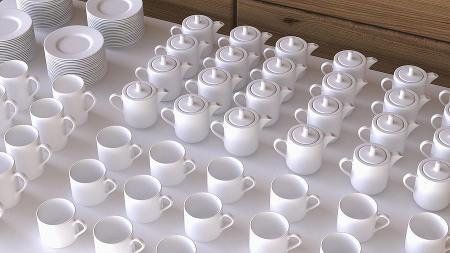 Rows of white coffee cups and coffee pots, 3D Rendering Drawing by Westend61