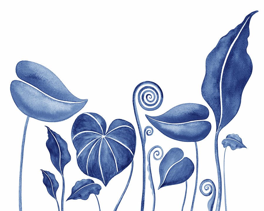 Royal Blue Exotic Plant Leaves Watercolor  Painting by Irina Sztukowski