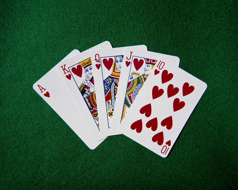 Royal flush hand of cards, hearts suit, on playing baize, close-up Photograph by David C Tomlinson