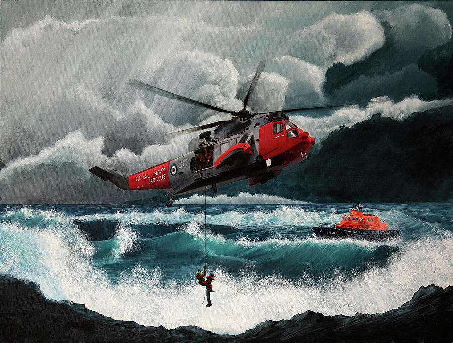 Helicopter Painting - Royal Navy 771 sqn Sea King rescue by Dan Hedger Aviator Art