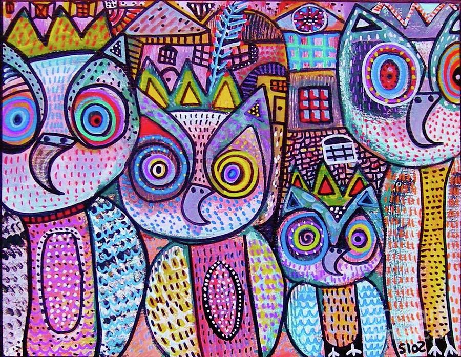 Royal Owl Family Painting by Sandra Silberzweig