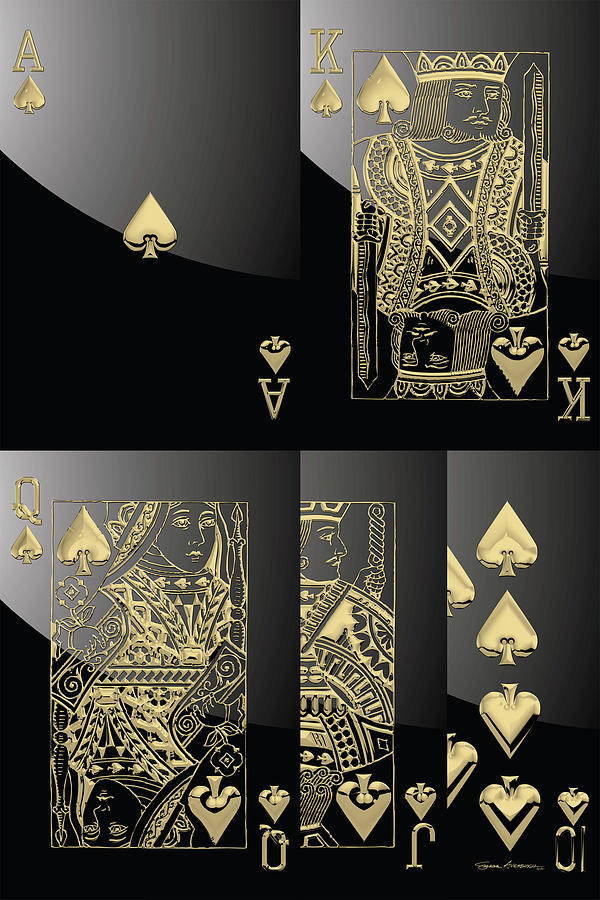 Royal Straight Flush of Spades in Gold over Black No.1 Digital Art by Serge Averbukh