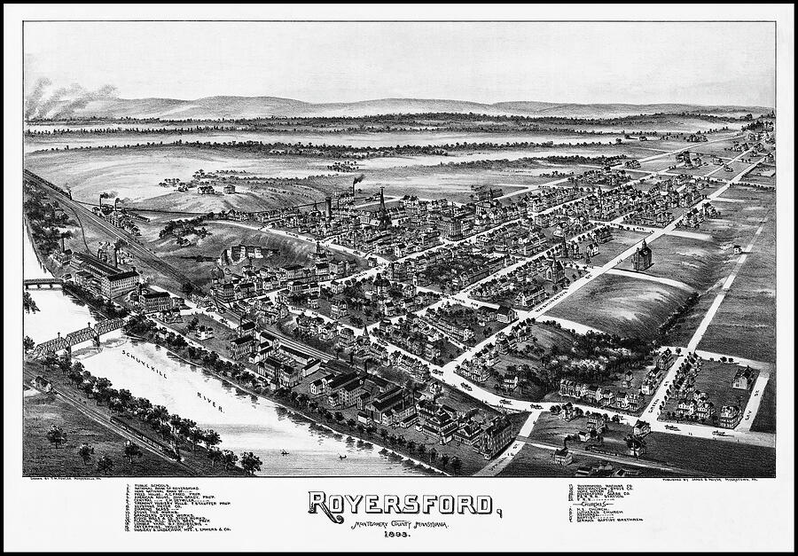 Royersford Pennsylvania Vintage Map Birds Eye View 1893 Black and White