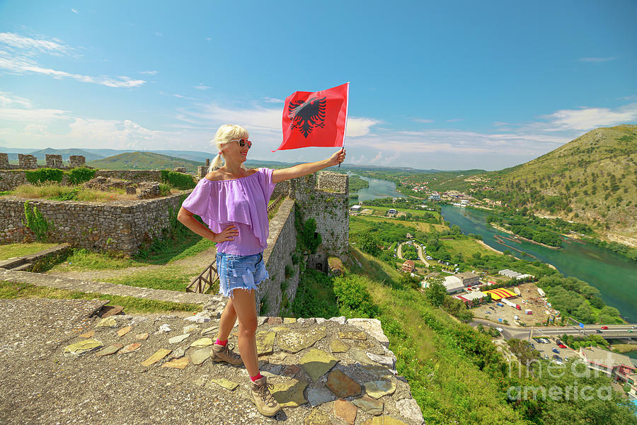 Rozafa castle with flag in Albania Digital Art by Benny Marty