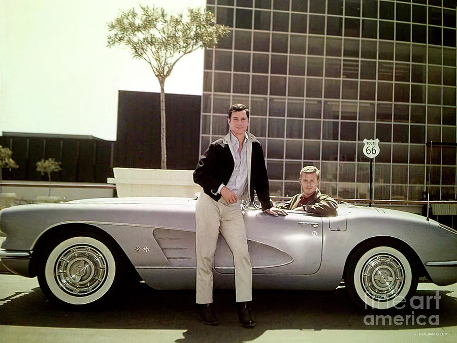 Rt. 66 TV show George Maharis and Martin Milner with Corvette Photograph by Retrographs