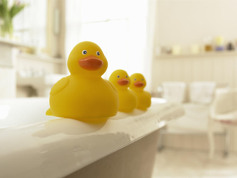 Rubber ducks in a row on edge of bath Photograph by Adam Gault