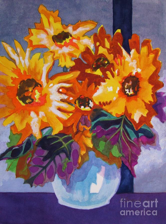 Colorful Painting - Rubeckia Bouquet in Blue Vase by Kathy Braud