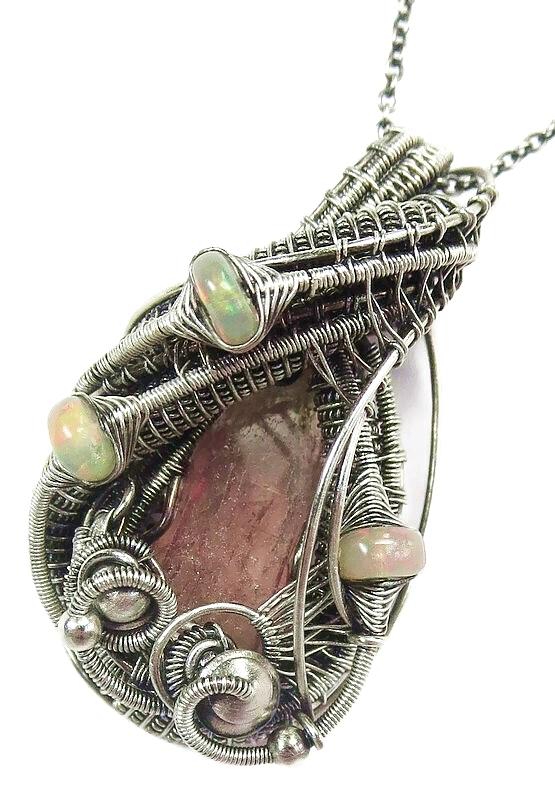 Rubellite Tourmaline Wire-Wrapped Pendant with Ethiopian Welo Opals ...