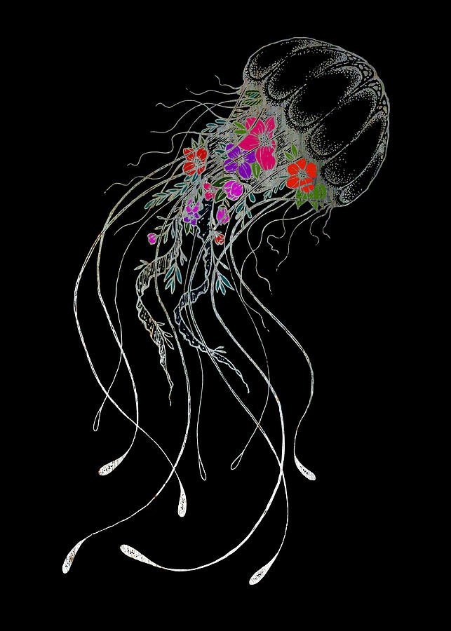 Rubino Zen Octopus Flowers Jelly Fish Jellyfish Black Silver Painting by Tony Rubino