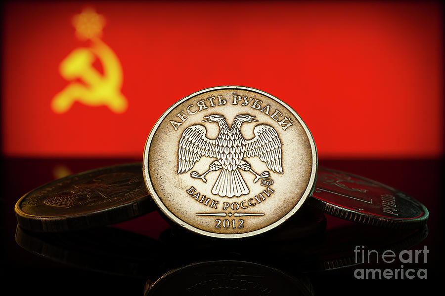 Ruble Coin Obverse. Inflation Ukraine War Financial Sanctions Exchange Rate. Soviet Flag Background. Macro Photograph by Pablo Avanzini