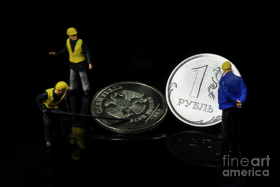 Ruble Fall Ukraine Russian War Sanctions Miniature people workers measures Background Photograph by Pablo Avanzini