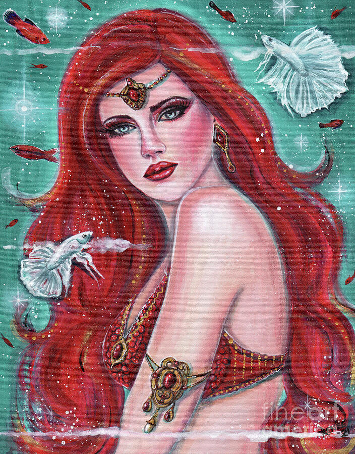 Red Mermaid Painting - Ruby Carmina Mermaid by Renee Lavoie Red Mermaid Painting - Ruby Carmina Mermaid by Renee Lavoie