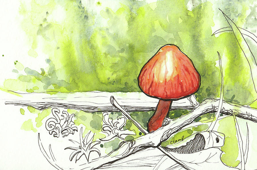 Mushroom Painting - Ruby Mushroom in a Carpet of Green Moss by Christine Camp