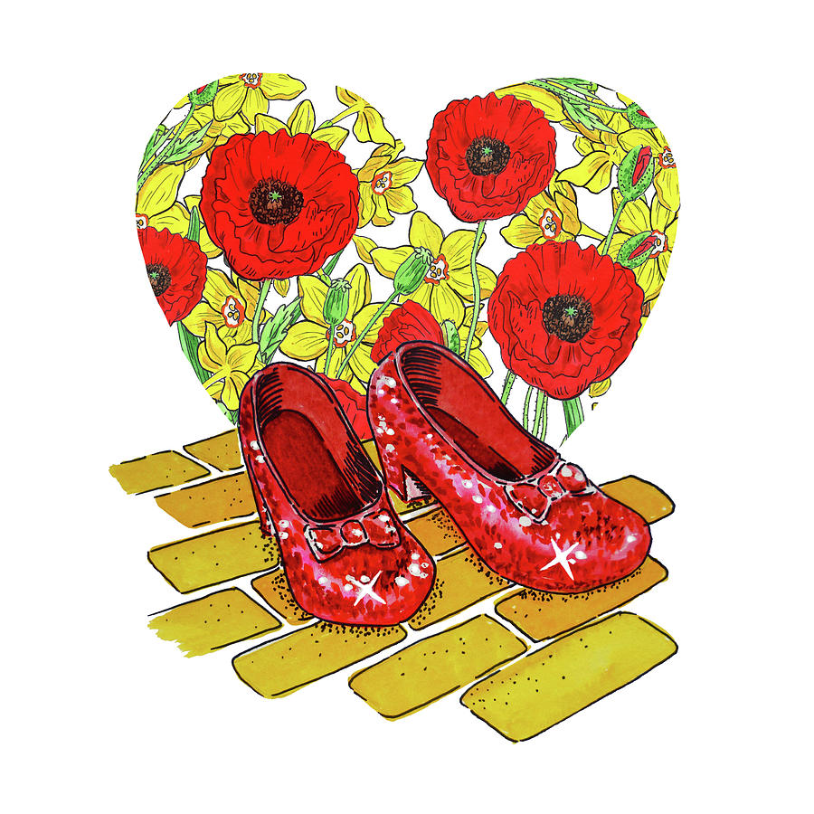 Ruby Slippers Red Poppies Yellow Daffodils Heart Wizard Of Oz Painting by Irina Sztukowski