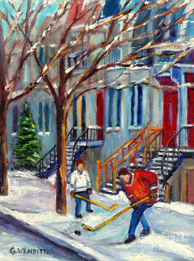 City Scene Painting - Montreal Winter Scene Father And Son Street  Hockey Practice Rue Laval Painting Grace Venditti Art by Grace Venditti