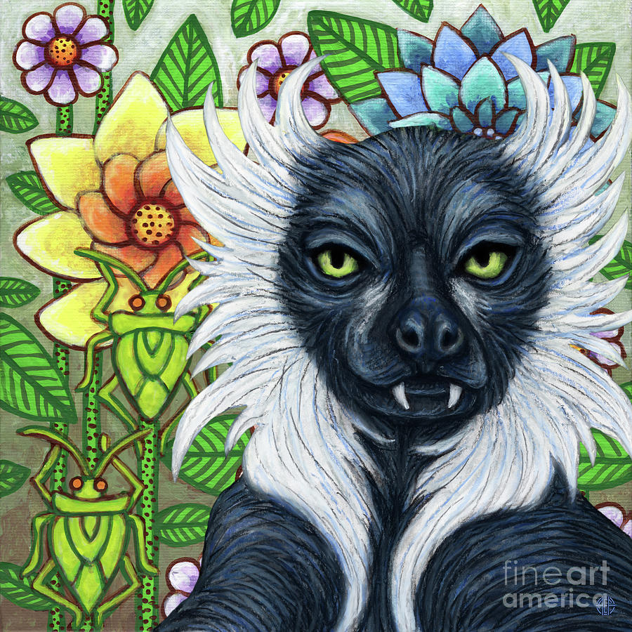 Ruffed Lemur Floral Painting by Amy E Fraser