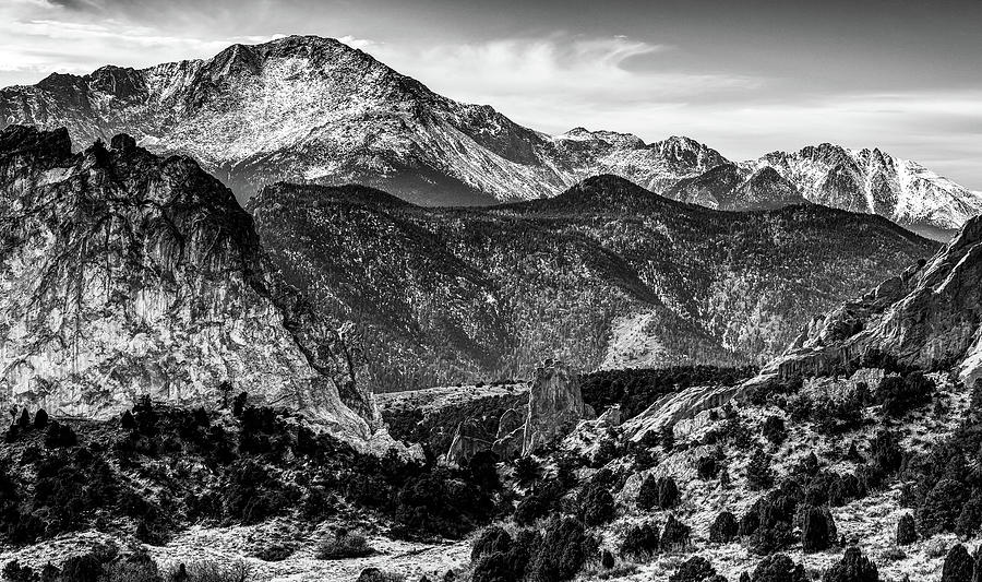 Rugged Pikes Peak Rocky Mountain Landscape - Colorado Springs Monochrome Photograph by Gregory Ballos