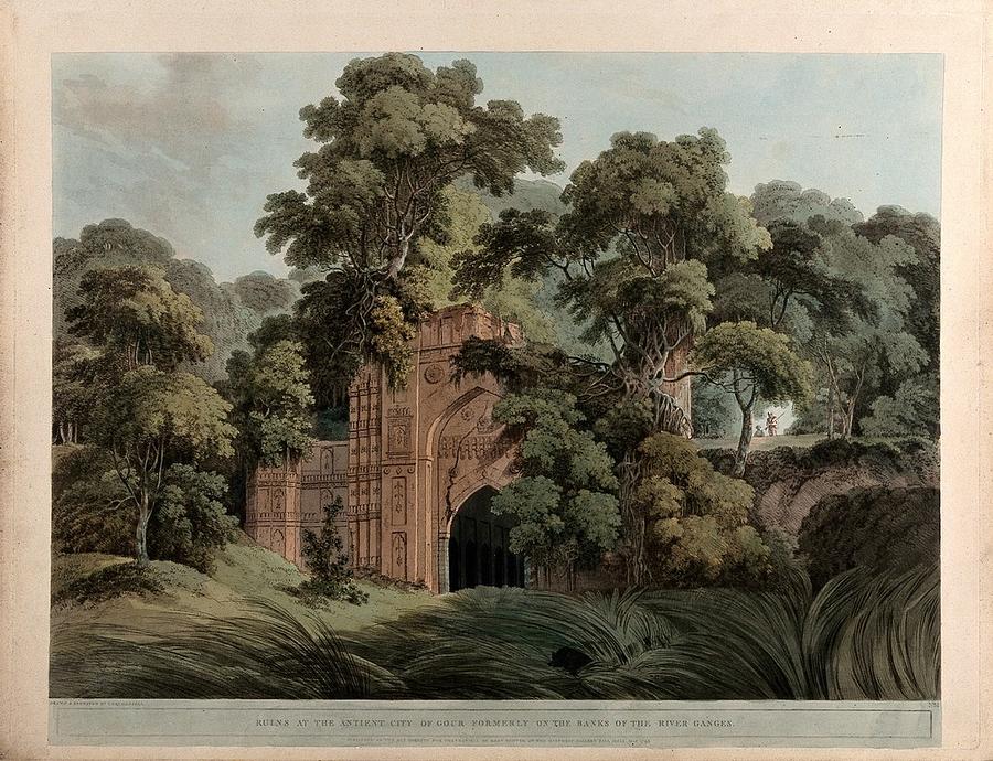 Ruins in the city of Gaur, West Bengal. Coloured aquatint by Thomas Daniell, 1795. Painting by Artistic Rifki