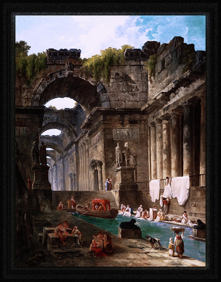 Ruins Of A Roman Bath With Washerwomen by Hubert Robert Remastered Xzendor7 Reproductions Painting by Xzendor7