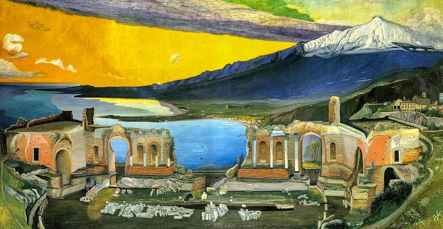Sunset Painting - Ruins Of The Greek Theatre At Taormina by Mountain Dreams