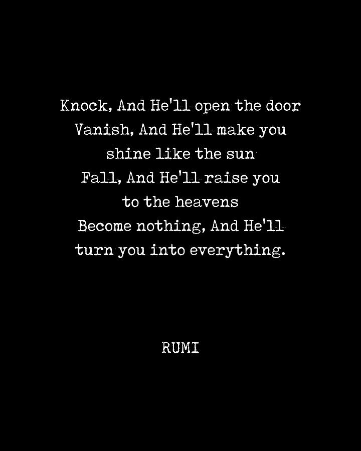 Typography Digital Art - Rumi Quote 06 - Knock and Hell open the door - Typewriter Print - Black by Studio Grafiikka