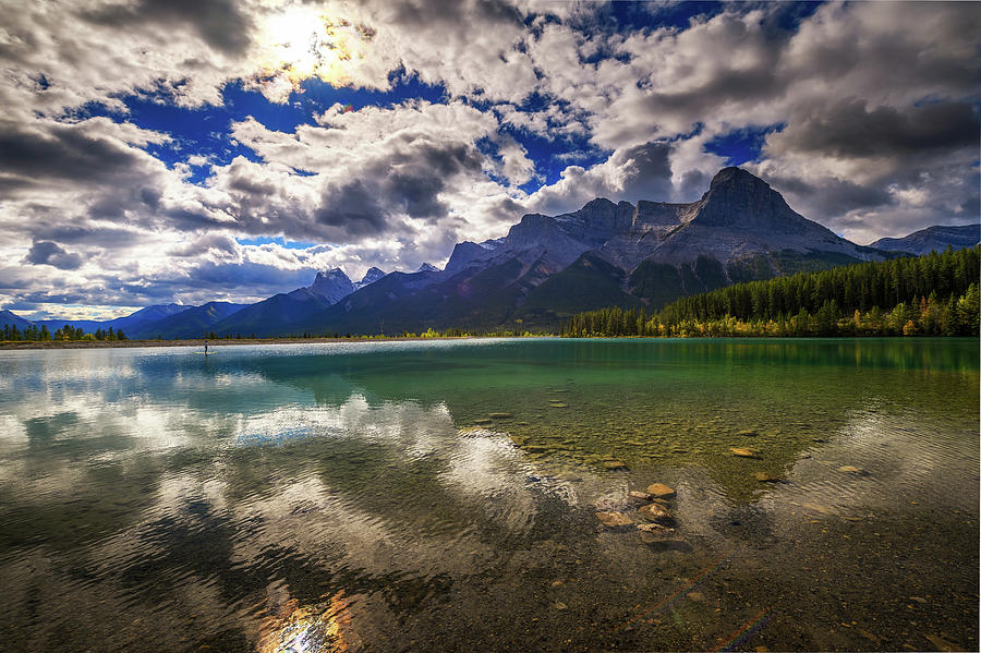 Rundle Forebay Reservoir with Rocky Mountains in Canmore, Canada