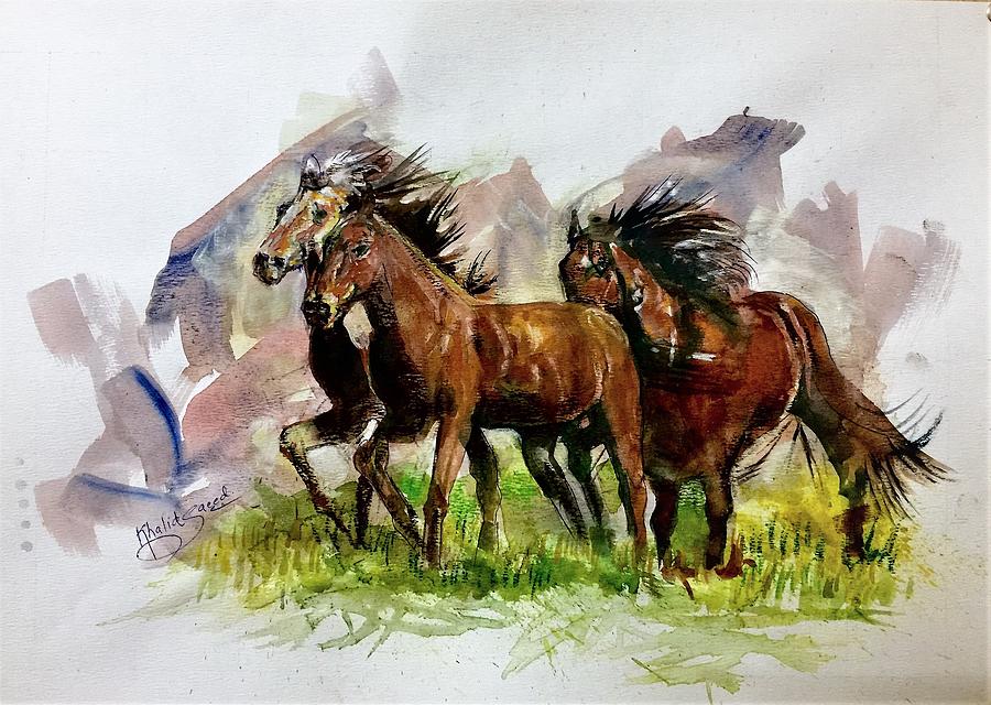 Running togather Painting by Khalid Saeed