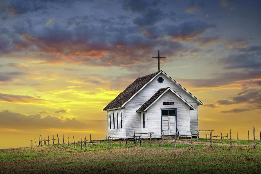 Rural Country Church at Sunset on the Prairie Photograph by Randall Nyhof