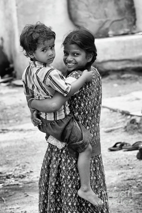 Rural Indian Sister and Brother Monochrome Photograph by Tim Gainey
