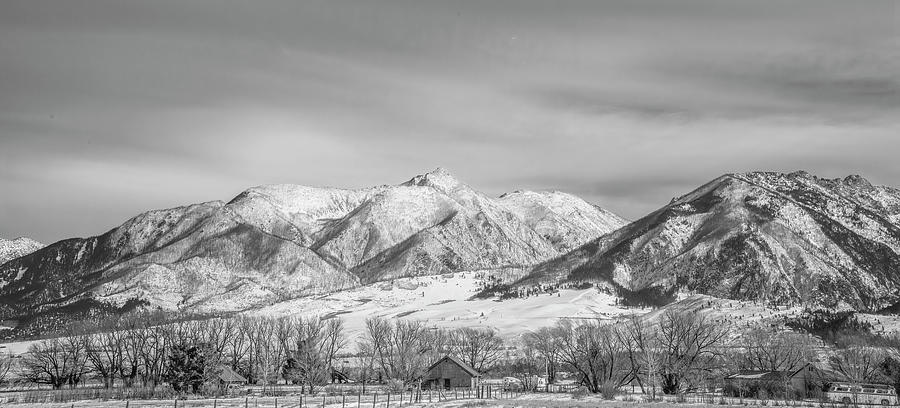 Rural Life in the Shadow of the Absaroka Mountains of Montana, Black and White Photograph by Marcy Wielfaert