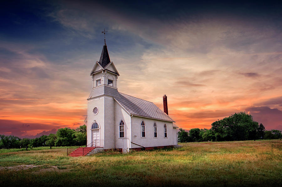 Rural Little White Church At Sunset Photograph by Randall Nyhof