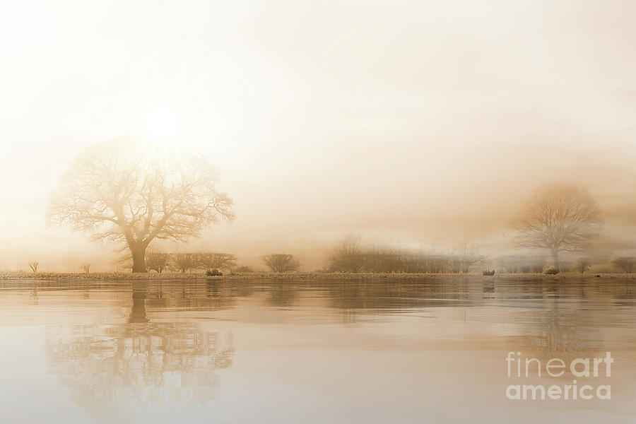Rural misty Norfolk landscape with water reflections Photograph by Simon Bratt