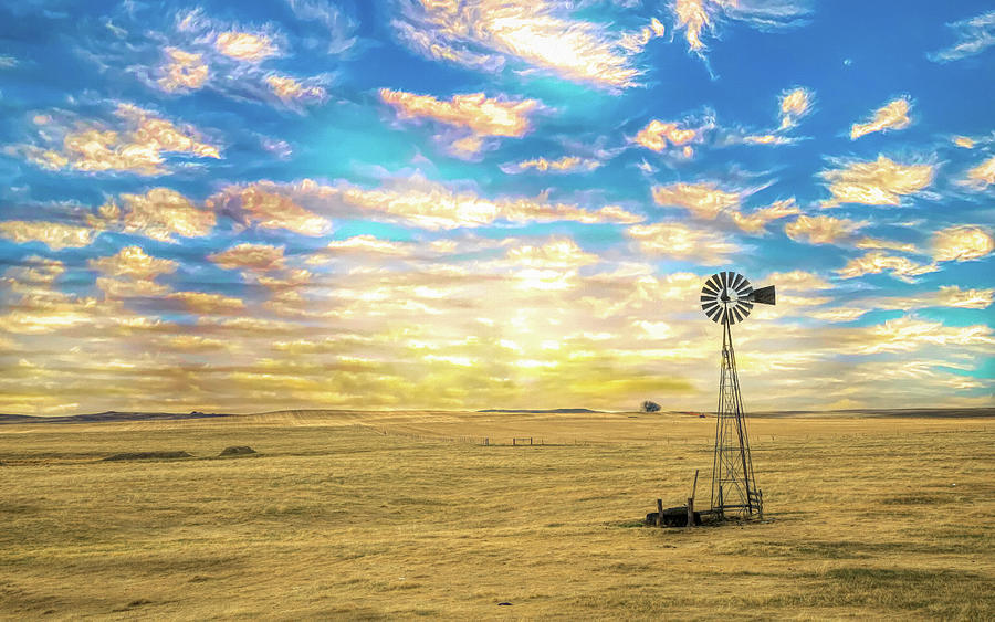 Rural Plains Windmill Sunrise Mixed Media by Dan Sproul