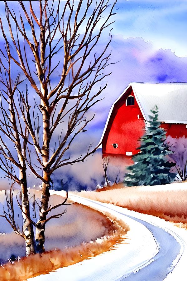Red Barn - rural life, first snowfall Mixed Media by Bonnie Bruno