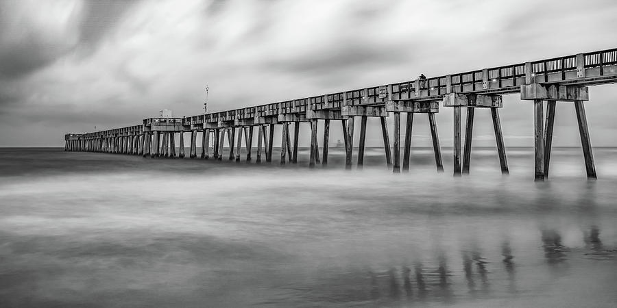 Russell Fields Pier Black and White - Panama City Beach Ocean Panorama Photograph by Gregory Ballos