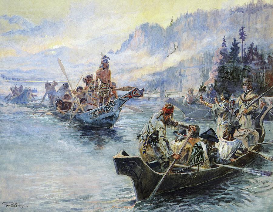 Lewis and Clark with Sacajawea and York Painting by Charles Russell